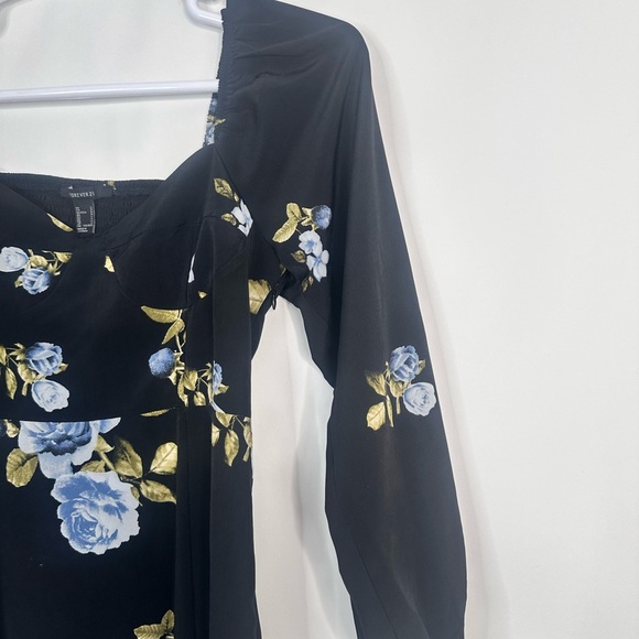 Forever 21 Dress Womens L Black Long Bishop Sleeve Floral. Side‎ zip - Picture 2 of 8